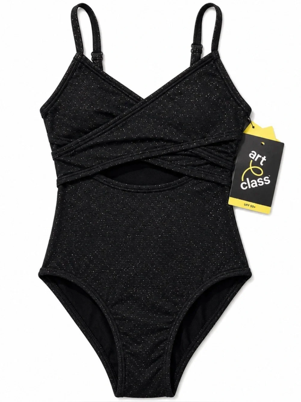 Art Class Girls Black Glitter One Piece Swimsuit XS 4/5 NWT UPF 50+